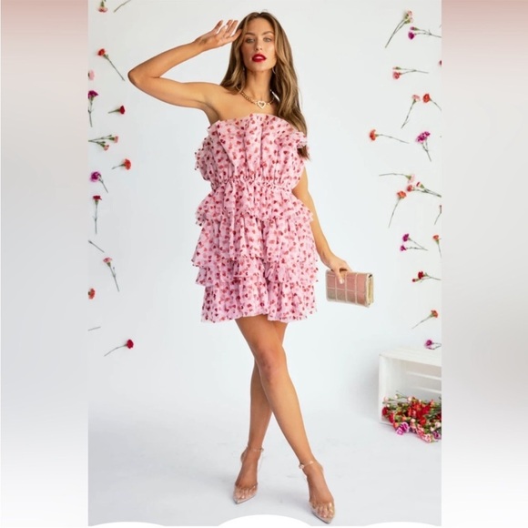 Mable Heartbreaker Strapless Pink Glitter Heart Ruffle Tulle Dress Medium - Picture 3 of 16